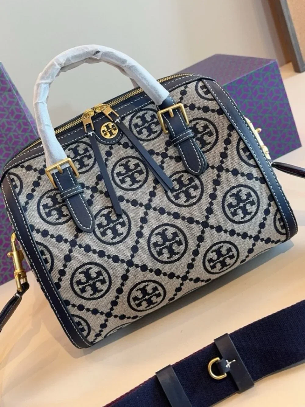 Tory Burch Monogram Jacquard Boston Satchel Bag
